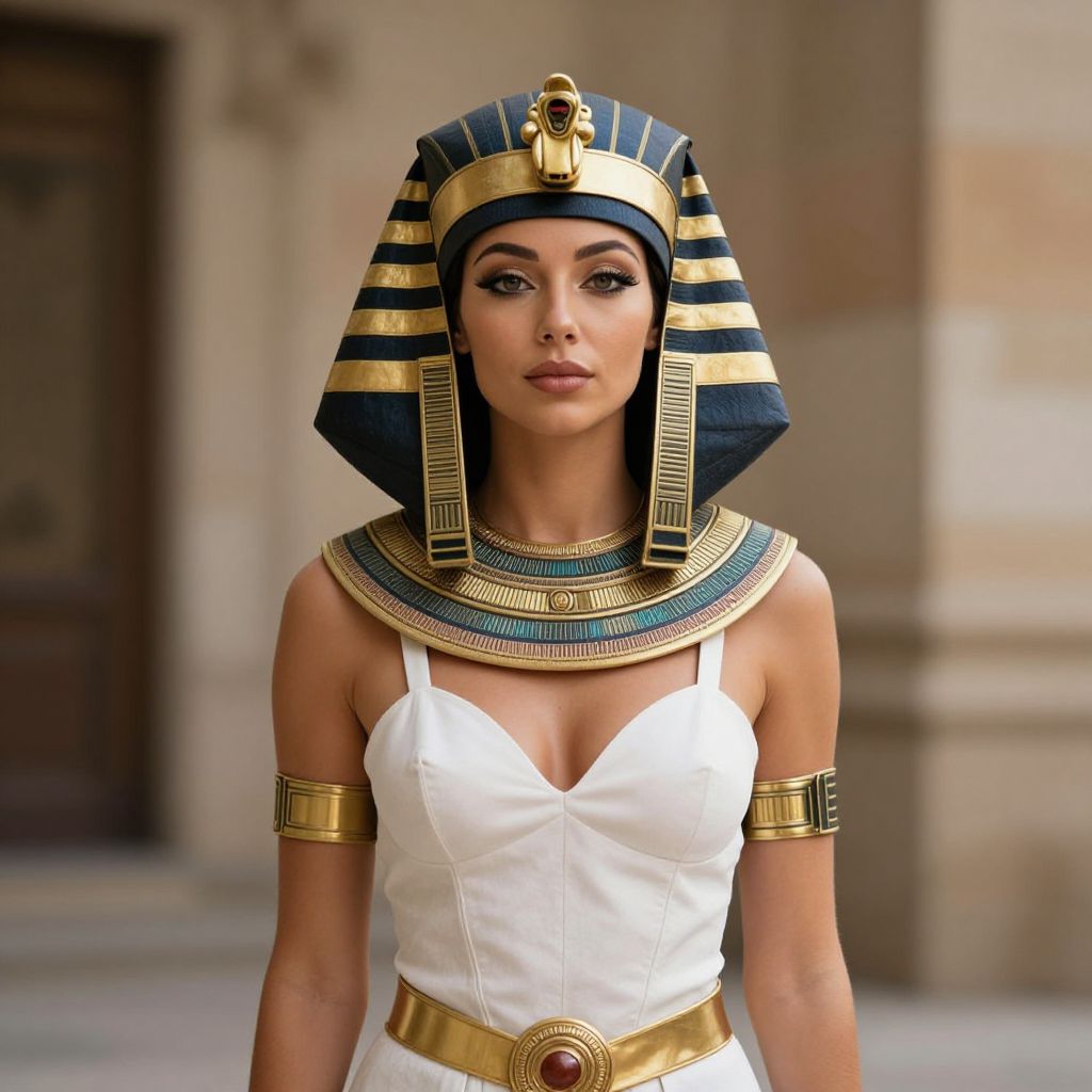 Ancient Egyptian Queen Costume Woman in Nemes Headdress and Jewelry