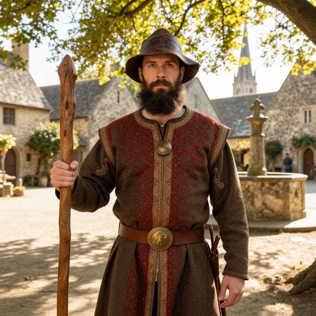 Medieval Man in Traditional Costume Holding Wooden Staff in Historic Village