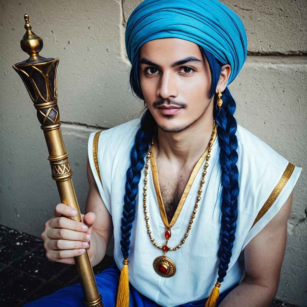 Young Man in Aladdin Magi Costume with Golden Staff and Blue Turban
