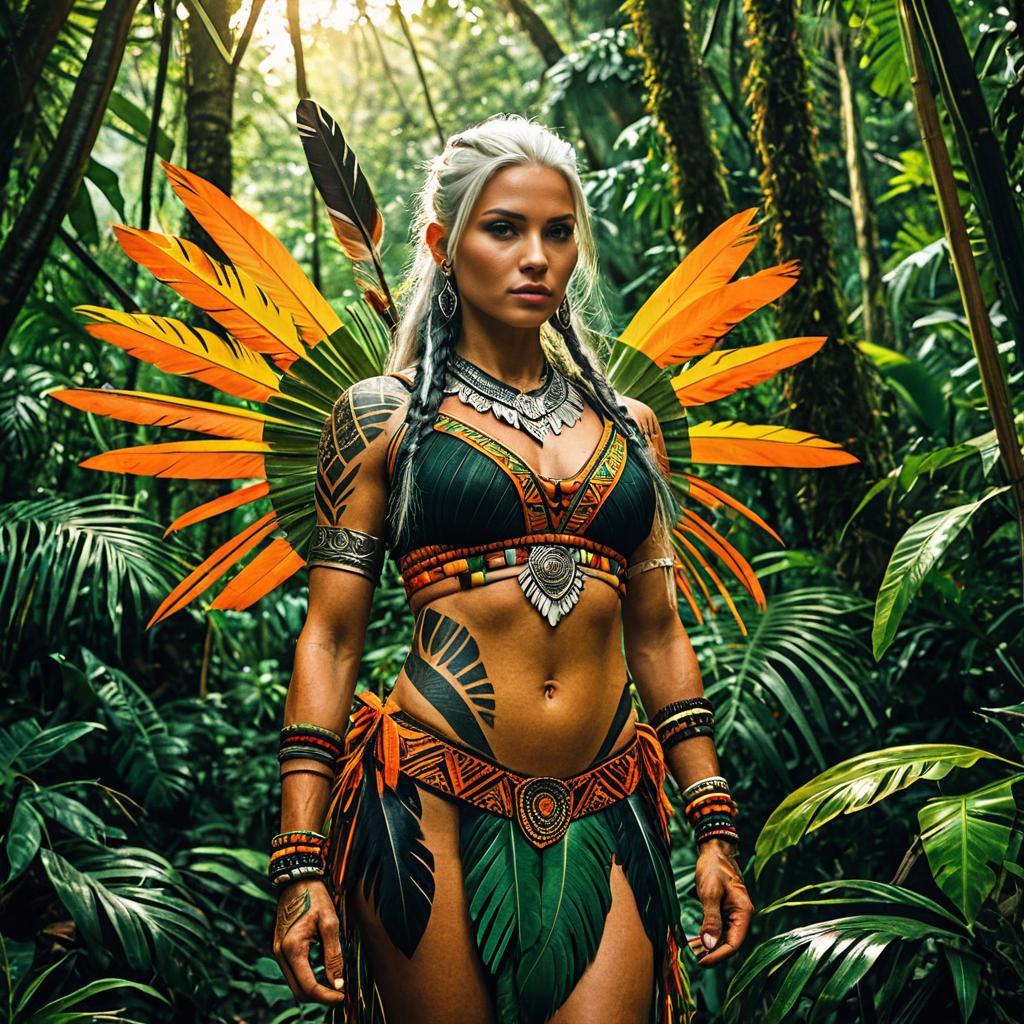 Tribal Woman in Vibrant Orange Feather Costume in Jungle