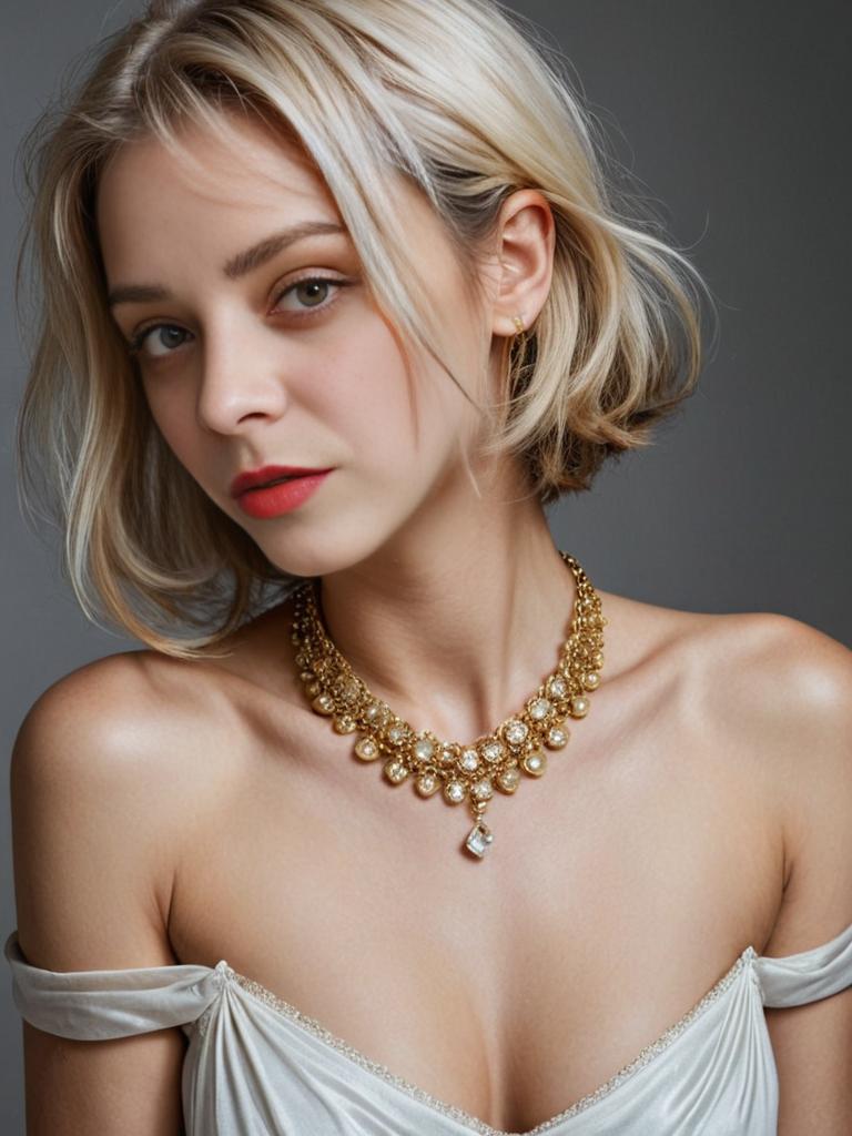 Elegant Woman in Off-Shoulder Dress with Gold Necklace