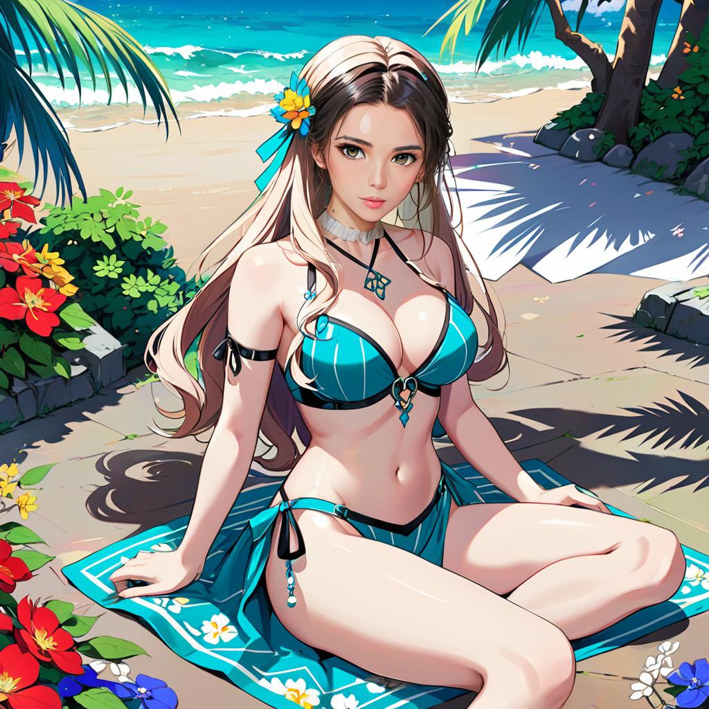 Animated Female Character at Beach in Blue Bikini