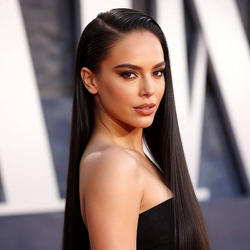 Confident Woman with Sleek Long Hair in Black Strapless Dress