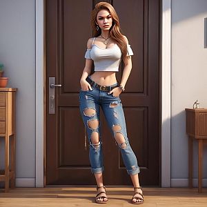 Stylish Woman in White Crop Top and Ripped Jeans Standing Indoors