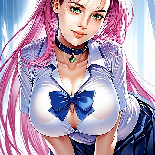 Akashiya Moka Anime Style Portrait with Pink Hair and Blue Bow