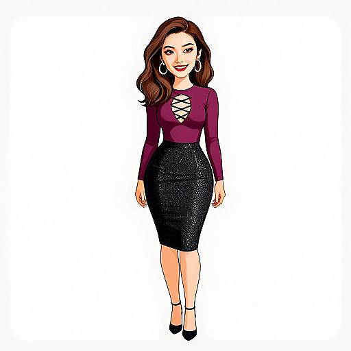 Digital Illustration of Stylish Woman in Purple Top and Black Skirt