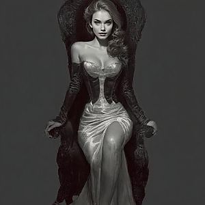 Elegant Woman in Corset Sitting on Ornate Chair Black and White Portrait