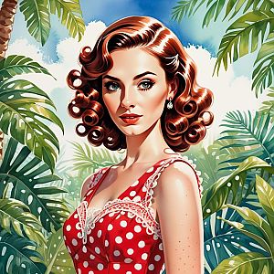 Retro Woman with Red Hair in Tropical Setting