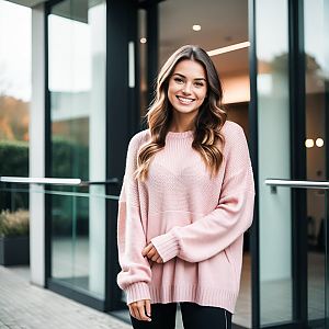 Young Woman in Oversized Pink Sweater