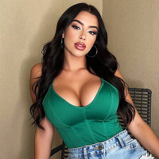 Confident Woman in Green Top and Denim Shorts Pose