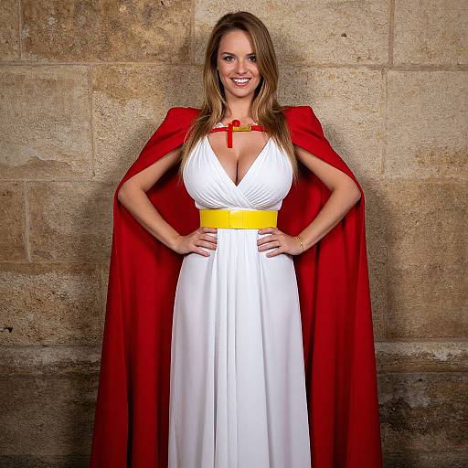 Woman Wearing White Dress with Yellow Belt and Red Cape