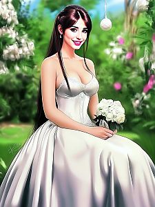 Woman in White Bridal Gown with Bouquet in Garden