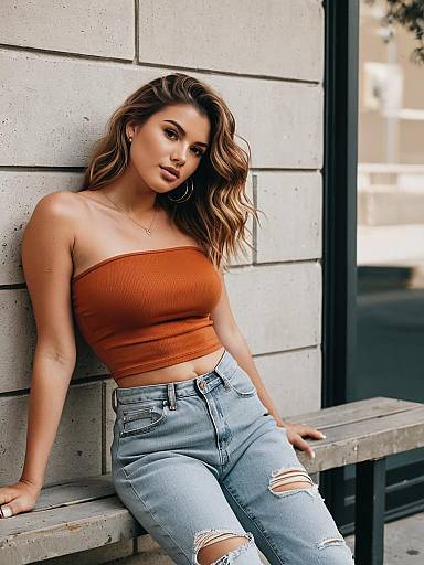 Stylish Young Woman in Rust Tube Top and Ripped Jeans Urban Portrait
