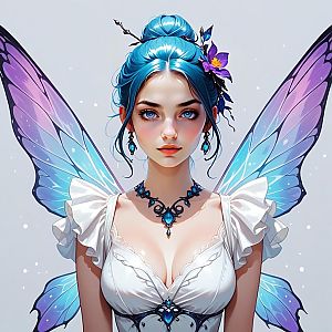 Young Woman with Blue Hair and Butterfly Wings