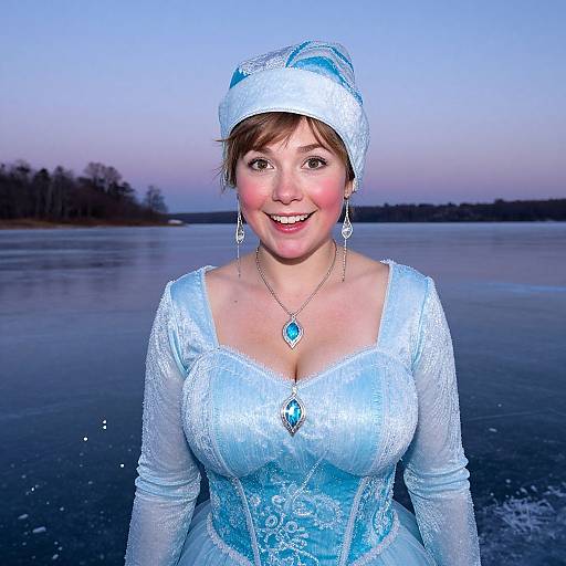 Woman in Ice Blue Winter Costume by Frozen Lake
