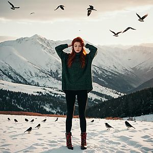 Woman in snowy mountain landscape with red hair and birds