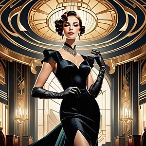 Glamorous Woman in Black Gown in Art Deco Setting