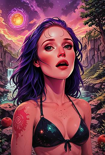 Vibrant Digital Portrait of Woman with Purple Hair and Celestial Background