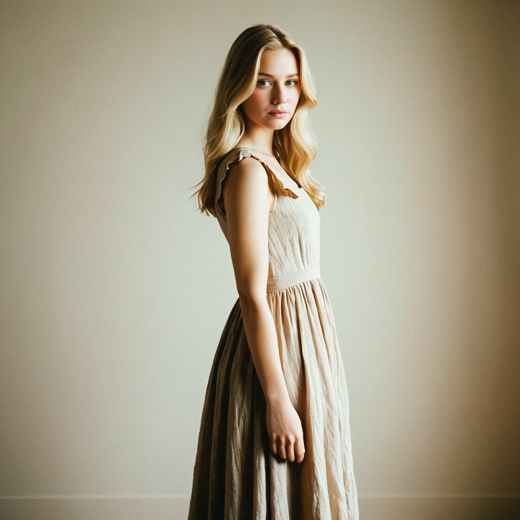 Young Woman in Beige Dress Young Woman in Beige Dress