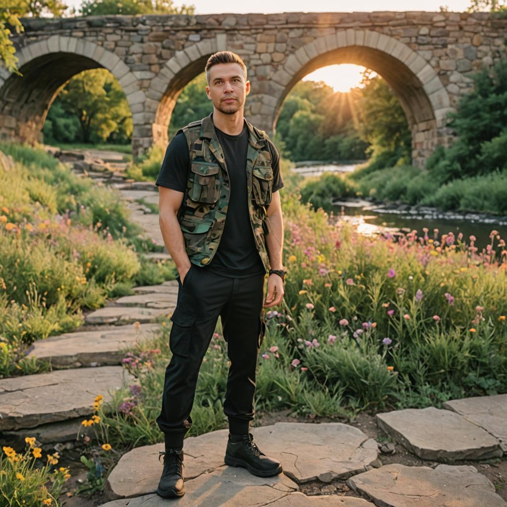 Confident Man by Historic Bridge at Sunset