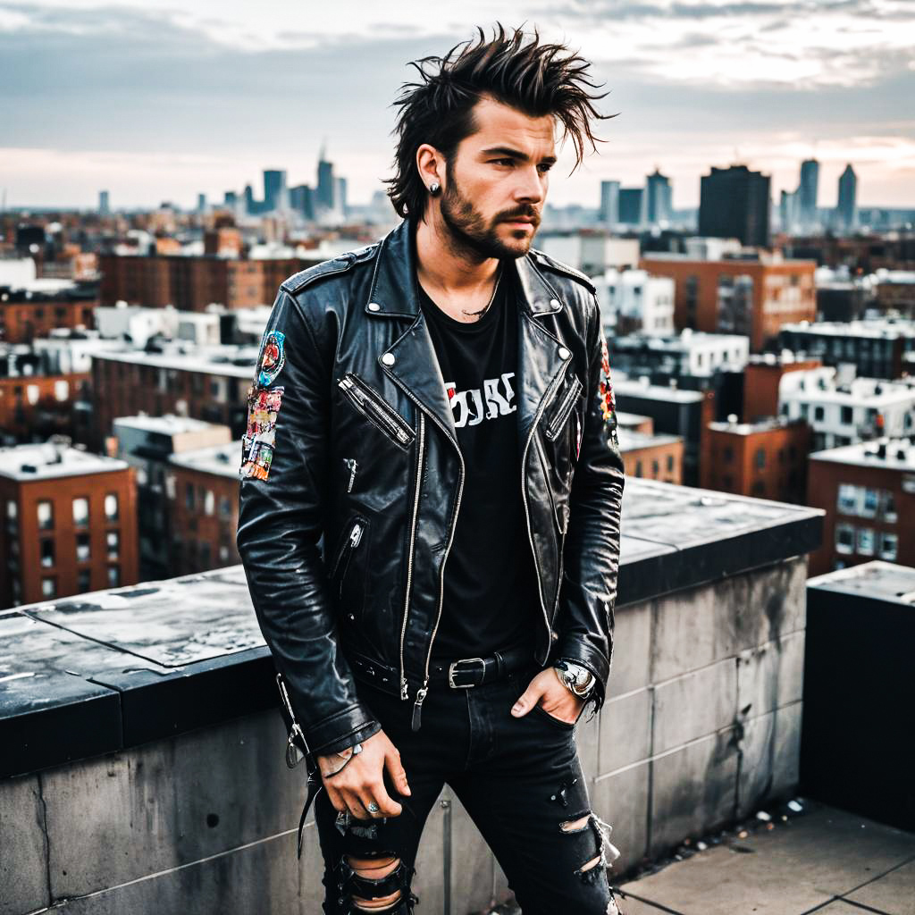 Stylish Young Man in Leather Jacket Against Urban Sunset