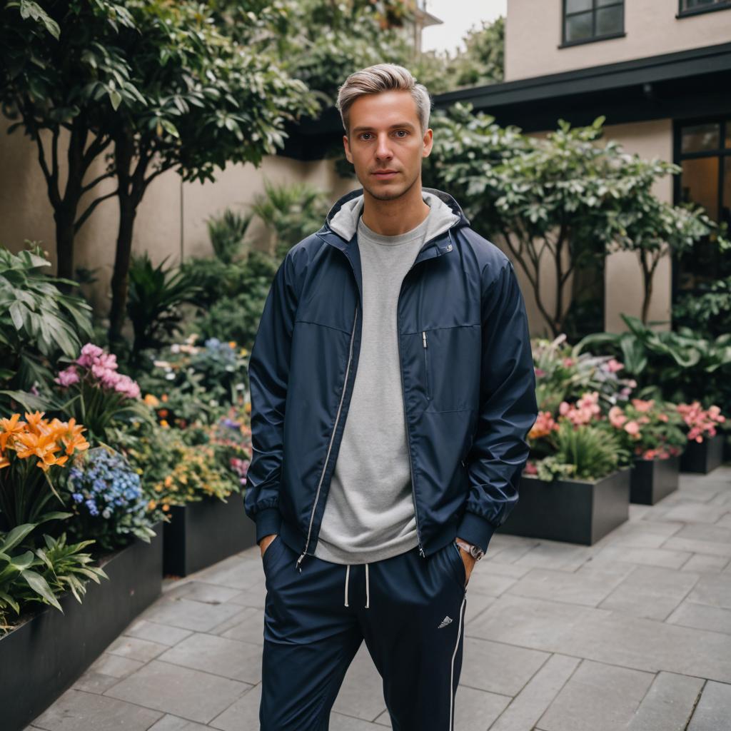 Confident Man in Stylish Sportswear in Vibrant Garden