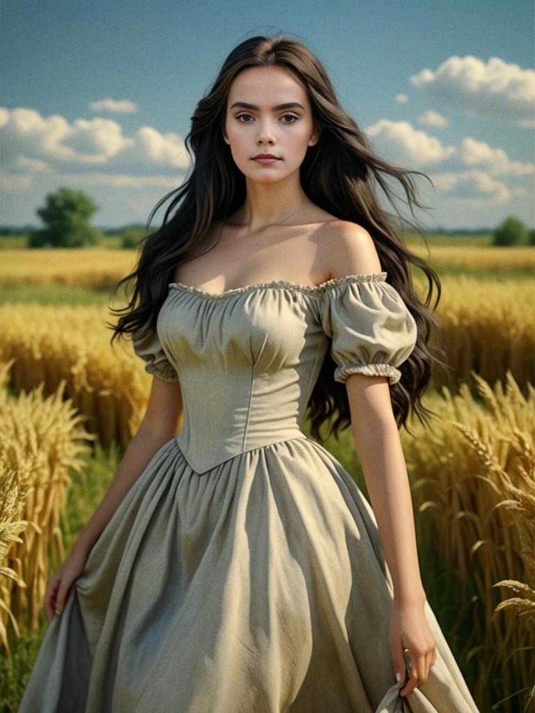 Young Woman in Vintage Dress in Wheat Field