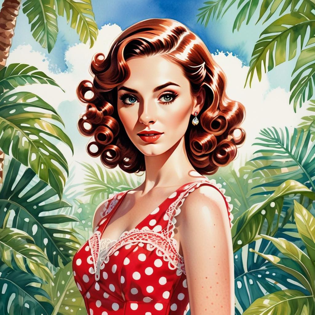 Retro Woman with Red Hair in Tropical Setting