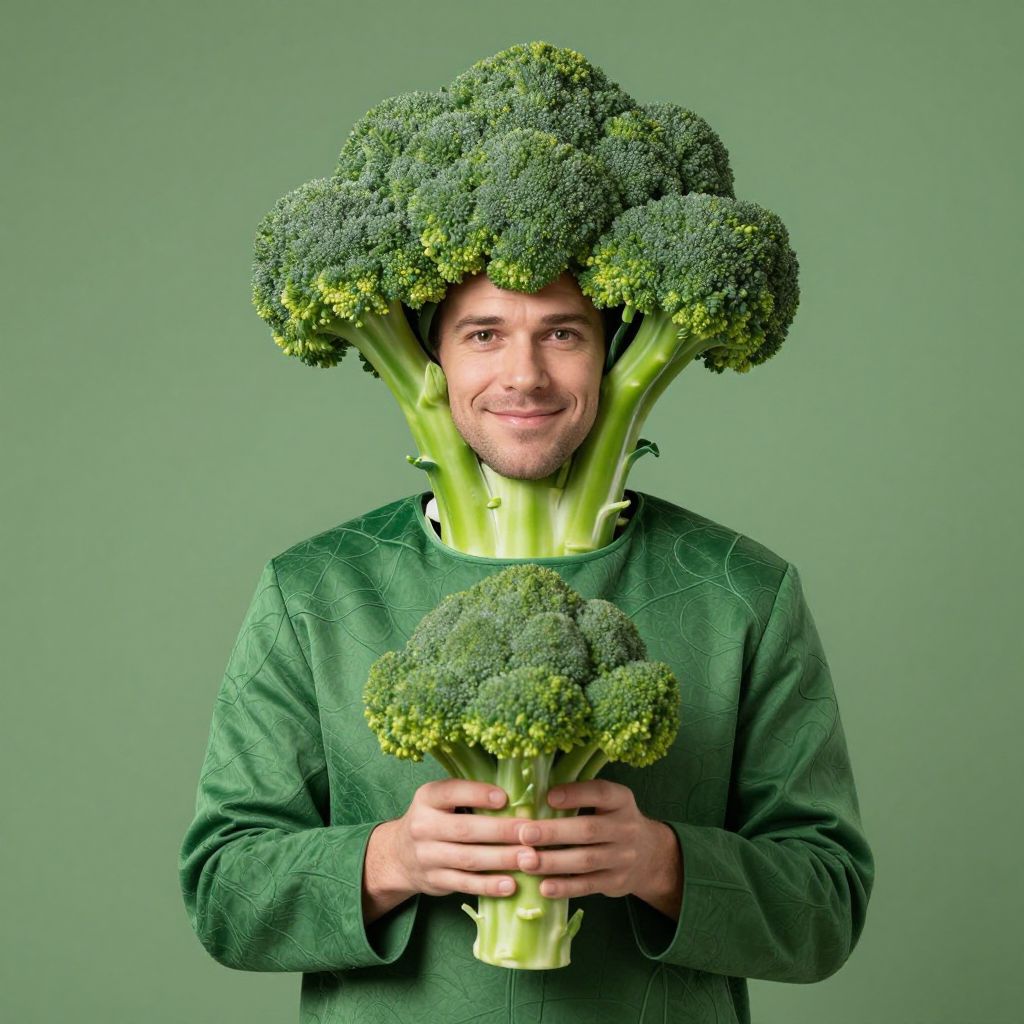 Man in Broccoli Costume Holding Fresh Broccoli on Green Background