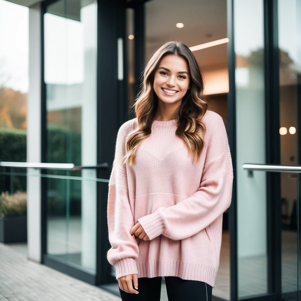 Young Woman in Oversized Pink Sweater