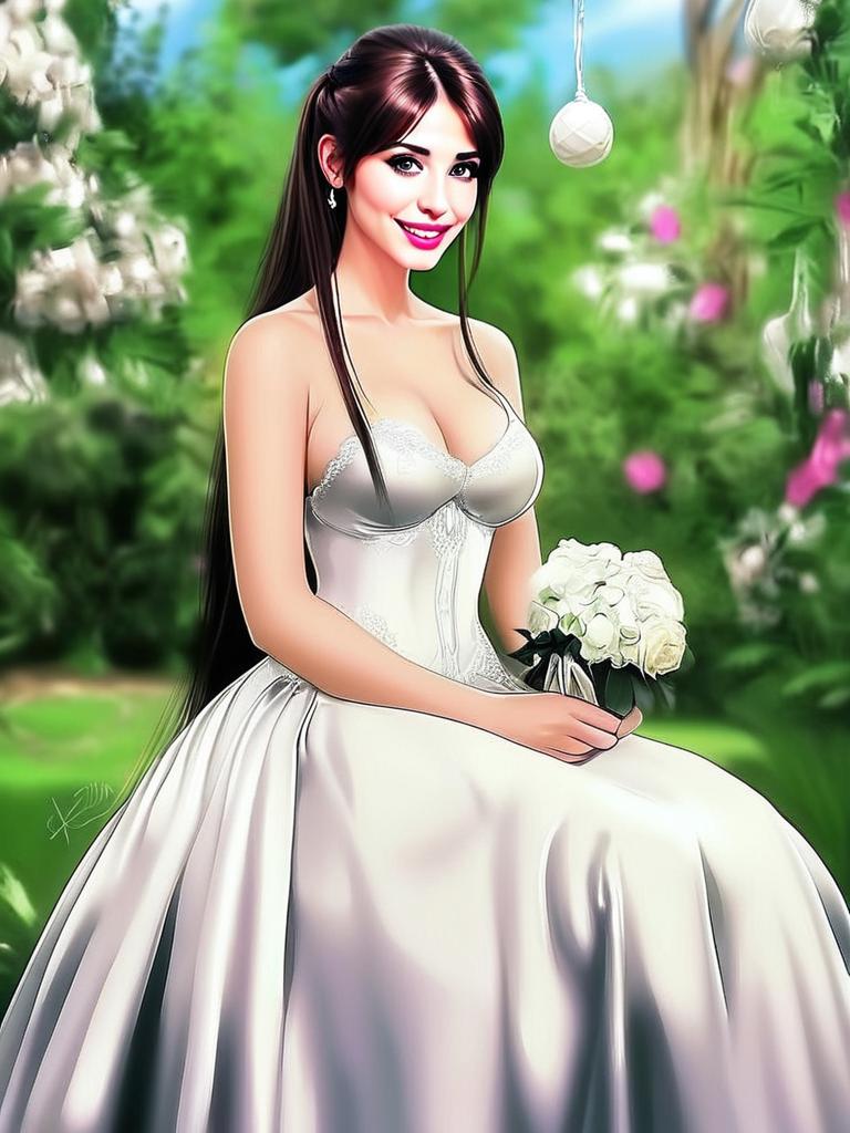Woman in White Bridal Gown with Bouquet in Garden