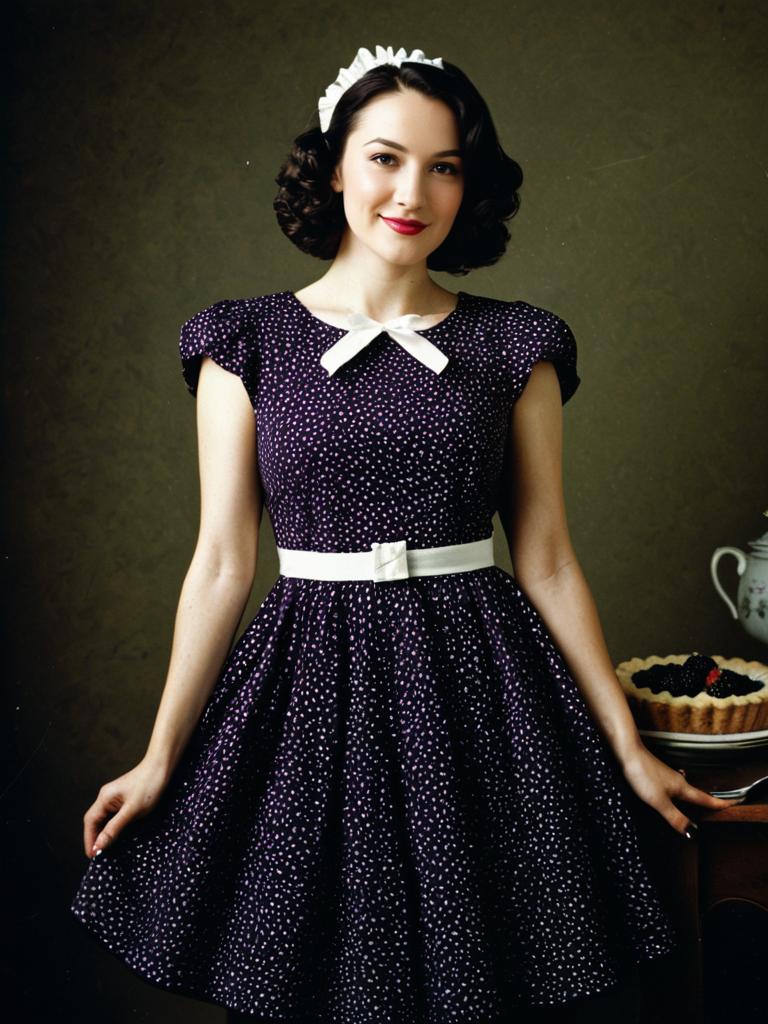 Retro Woman in 1950s Polka Dot Dress with Dessert Background