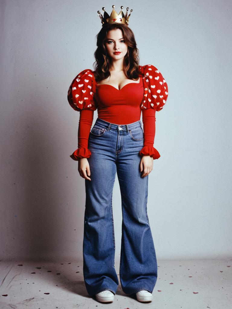 Modern Queen of Hearts Woman in Red Heart-Print Top and Flared Jeans