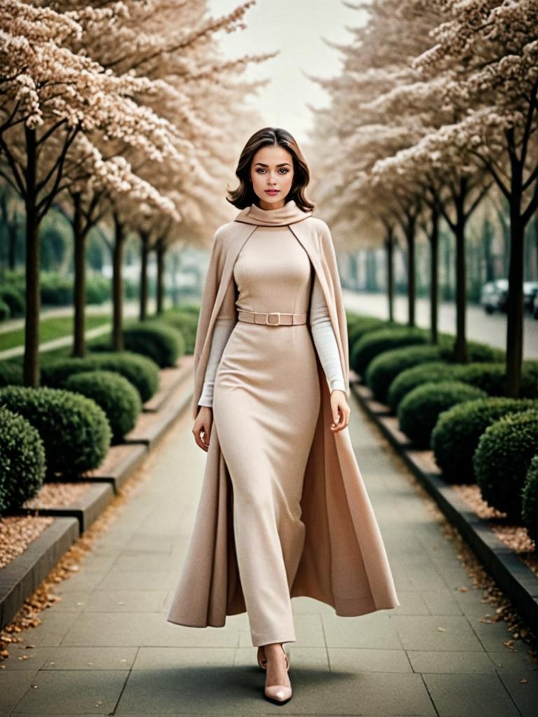 Elegant Woman in Beige Gown on Flowering Path