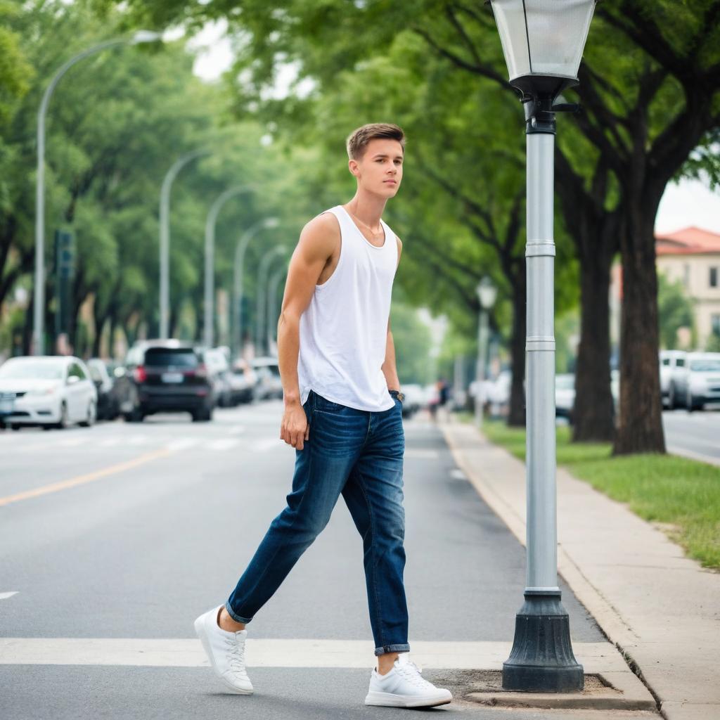 Young Man Walking on Tree-Lined Urban Street in Casual Outfit