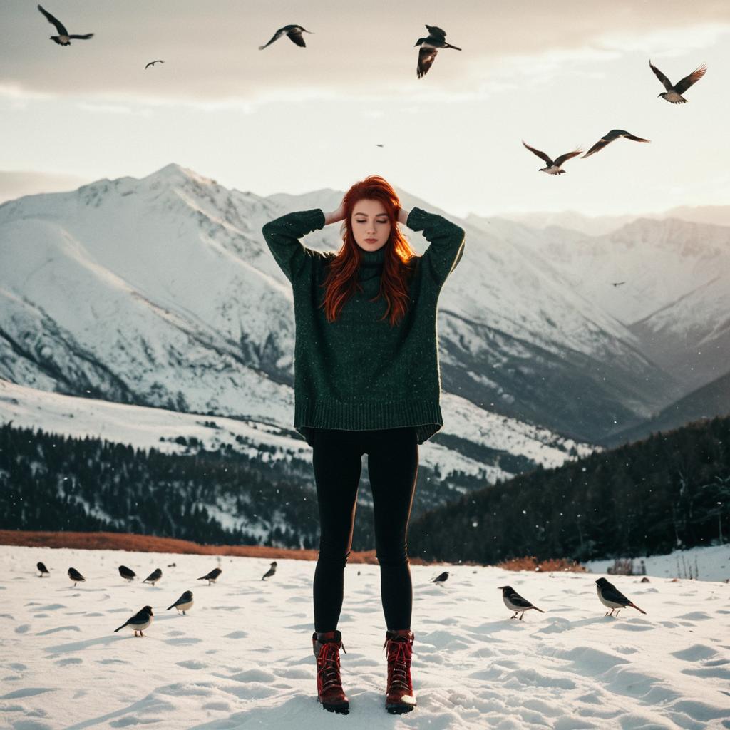 Woman in snowy mountain landscape with red hair and birds Woman in snowy mountain landscape with red hair and birds