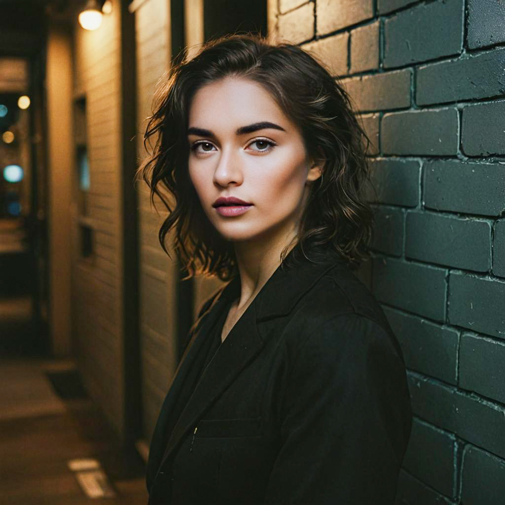 Elegant Woman Posing Against Green Brick Wall