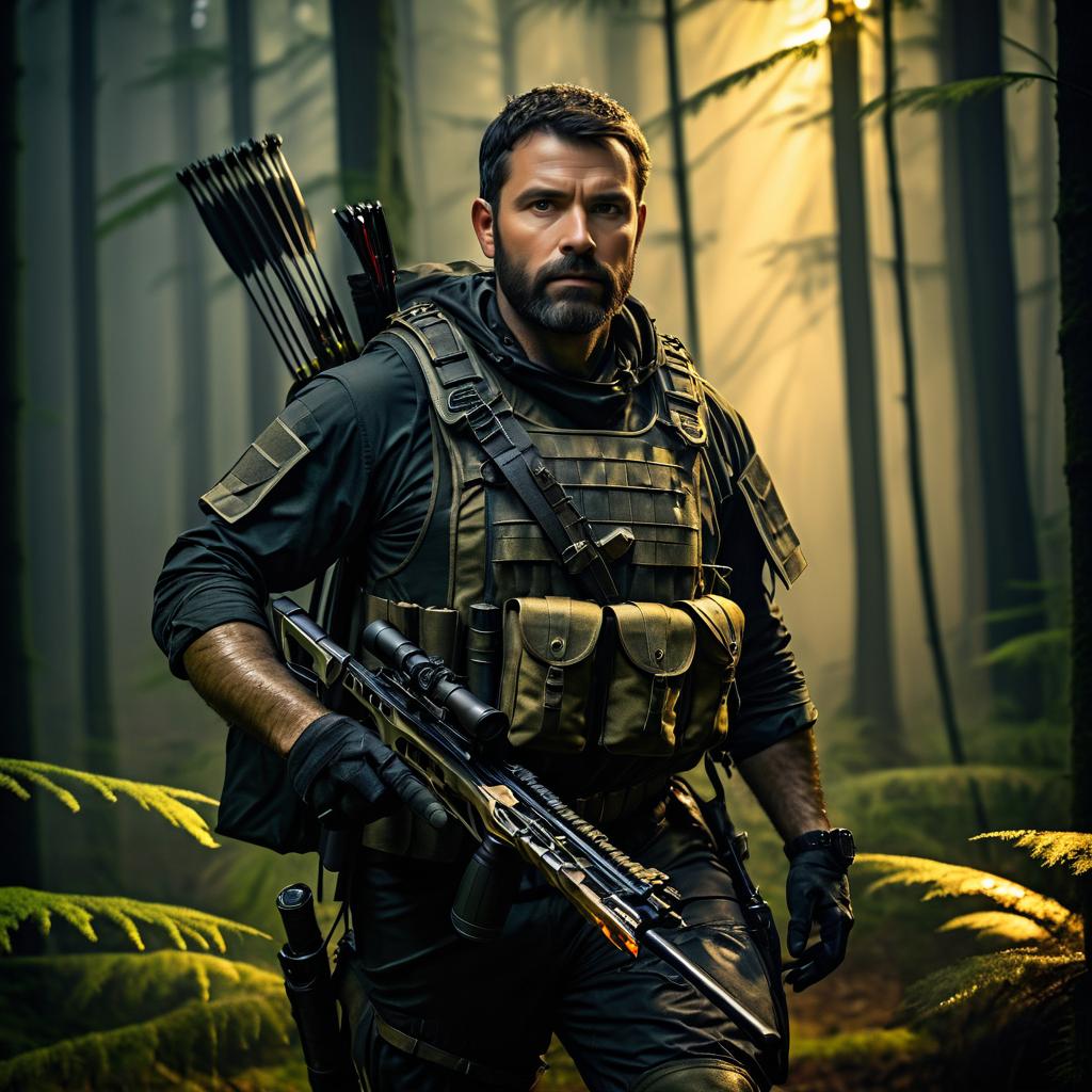 Rugged Man in Misty Forest with Tactical Gear