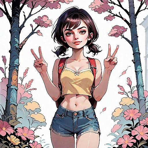 Cheerful Young Woman in Summer Outfit Peace Sign Digital Artwork