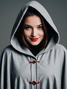 Portrait of Woman in Grey Hooded Cloak with Red Lipstick