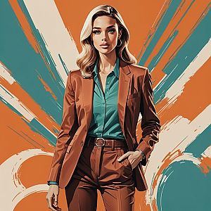 Confident Woman in Brown Suit with Teal Shirt Against Abstract Background