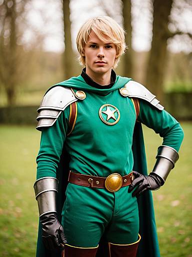 Young Man in Green Medieval Fantasy Armor Costume with Star Emblem