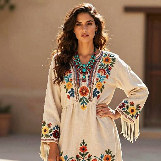 Bohemian Woman in Embroidered Floral Dress with Statement Necklace