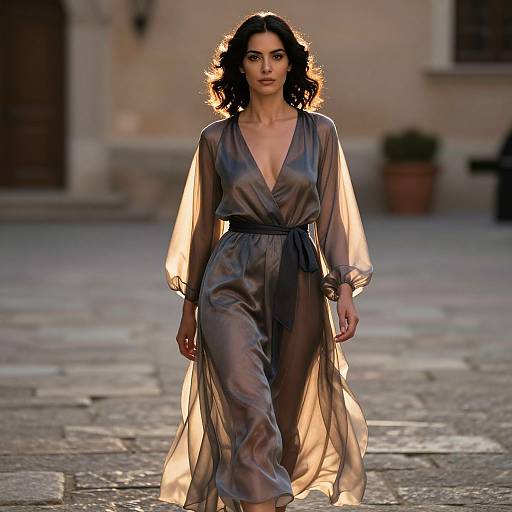Elegant Woman in Sheer Flowing Dress Walking on Sunlit Street