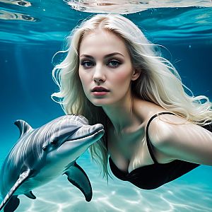 Underwater Portrait of Woman and Dolphin