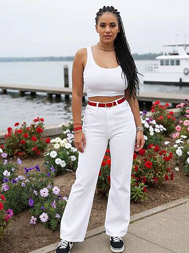 Slim Woman in Casual Street Style with White Cropped Tank Top and High-Waisted Pants