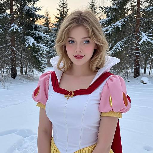 Young Woman in Fairytale Princess Costume in Snowy Forest