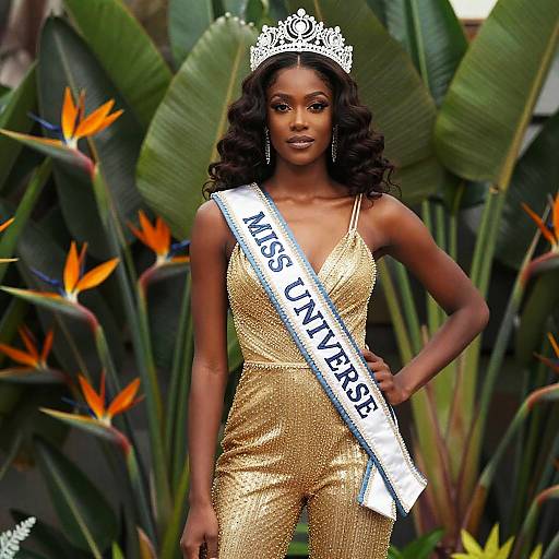 Miss Universe Woman in Gold Jumpsuit With Crown and Sash