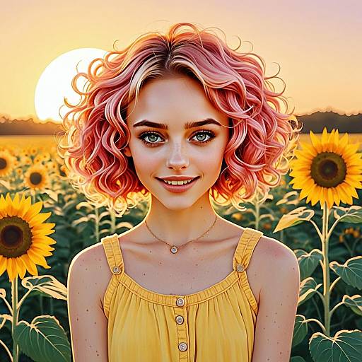 Woman with Pink Curly Hair in Sunflower Field at Sunset