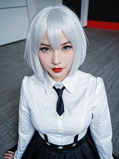 Stylish Woman with White Hair in Black and White Outfit